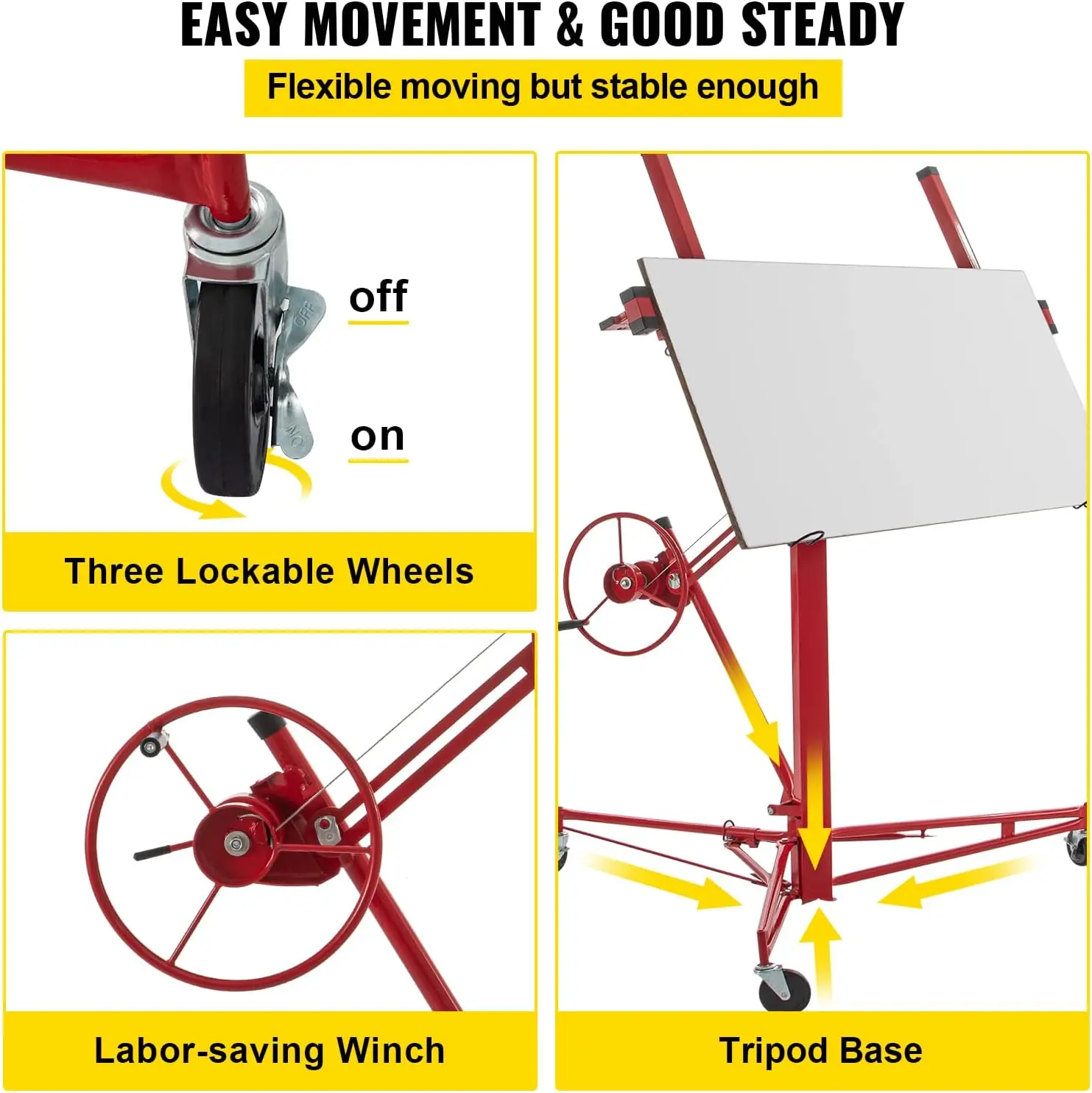 Drywall Rolling Lifter Panel, 11ft Sheetrock Lift, 150lb Weight Capacity Panel Hoist Jack Tool, 48x192 in Plasterboard Size