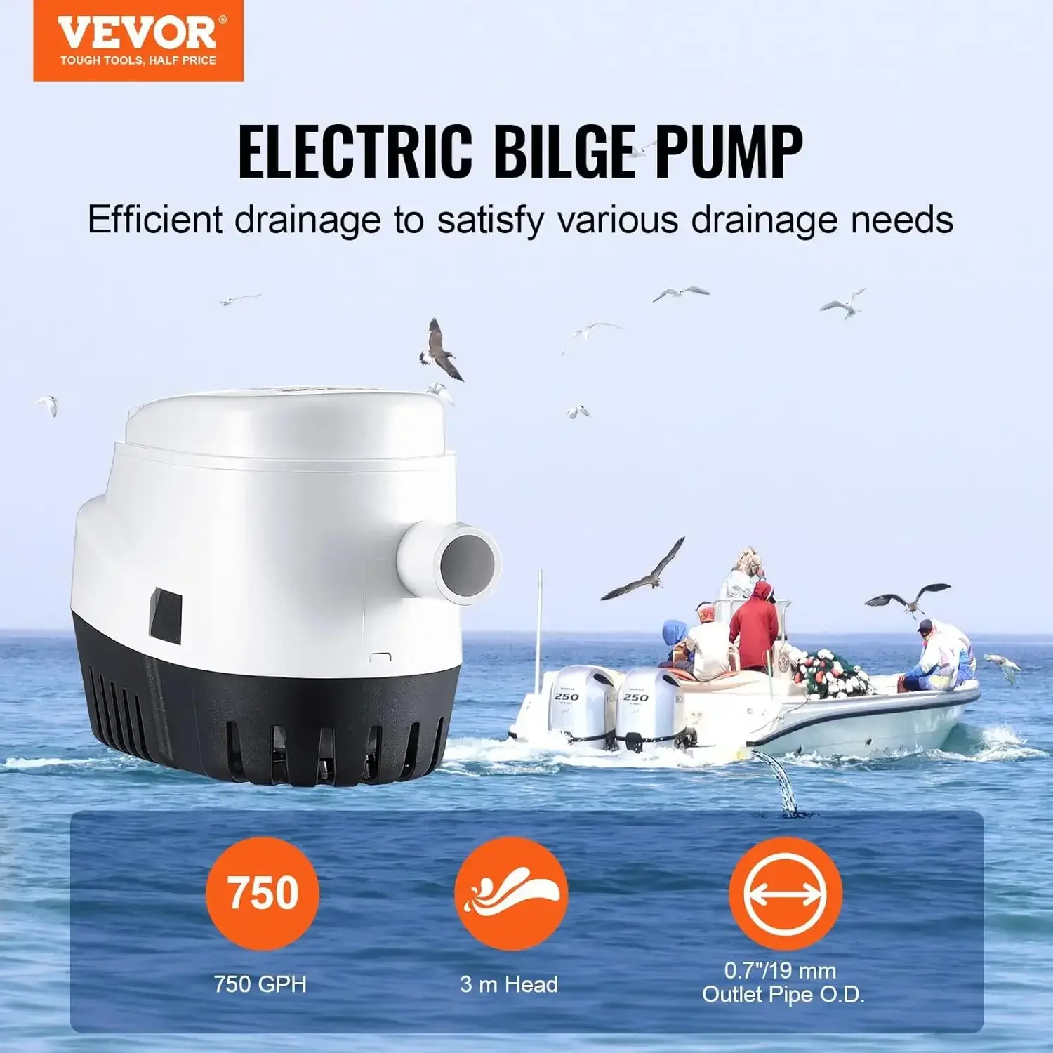 Bilge Pump, 750GPH 12V Automatic Submersible Boat Bilge Water Pump with Float Switch, 0.7" Outlet Diameter