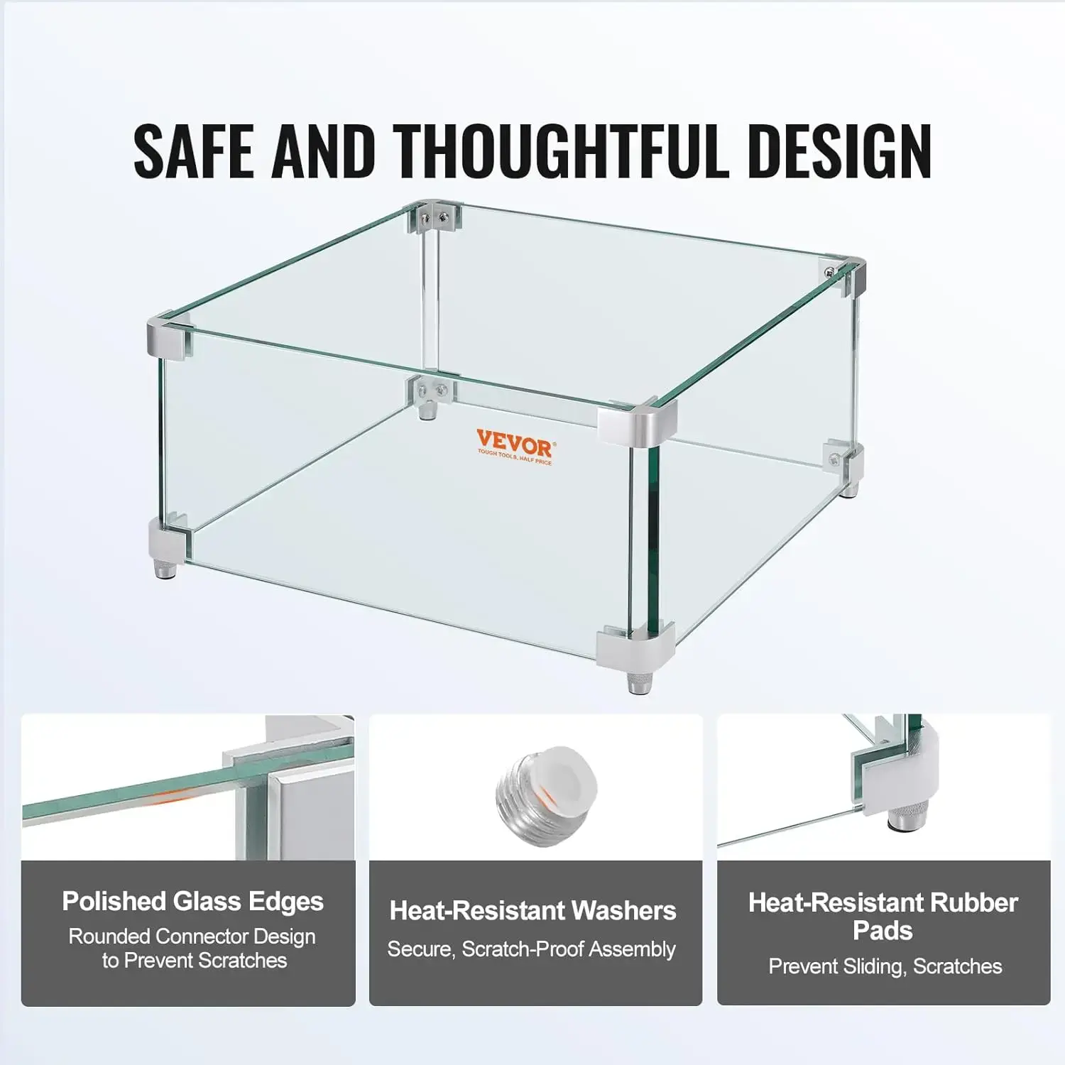 Gas Fire Pit Wind Guard for Square Fire Table, 15 x 15 x 7 inch Clear Tempered Wind Guard for Firepits