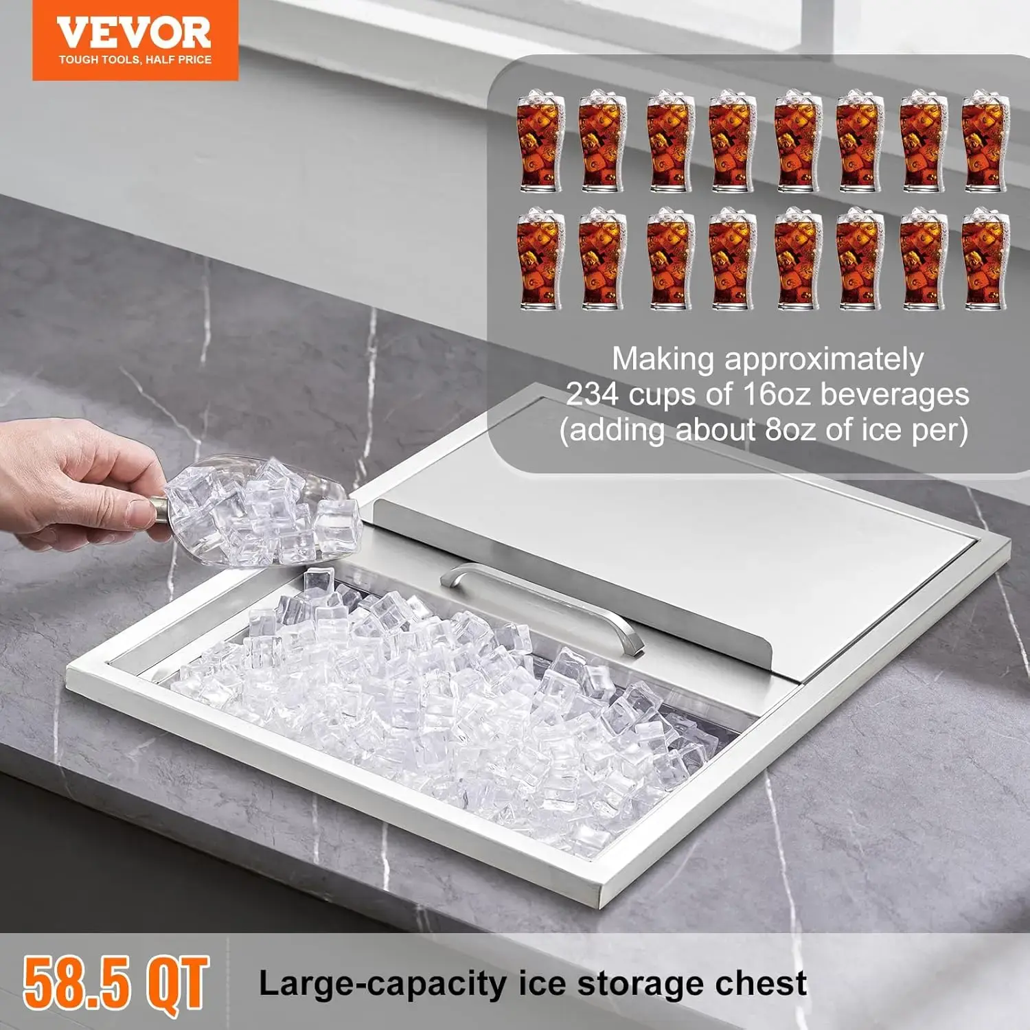 Drop in Ice Chest, 24"L x 18"W x 13"H Stainless Steel Ice Cooler, Commercial Ice Bin with Sliding Cover, 40.9 qt Outdoor Kitchen