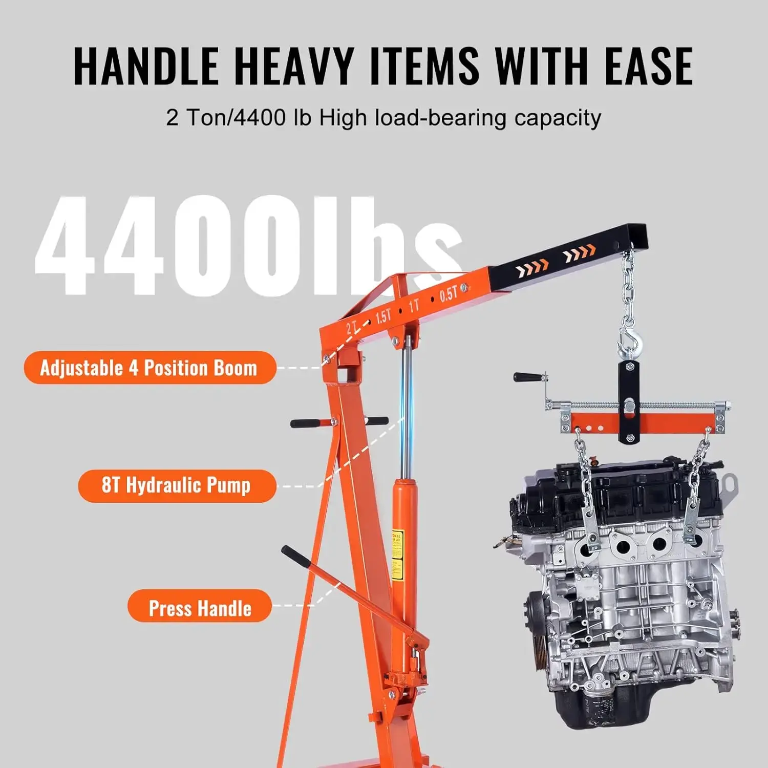 Hydraulic Engine Hoist with Lever, 2 Ton/4400 LBS Heavy-Duty Cherry Picker Shop Crane, Foldable Engine Crane and Engine Hoist