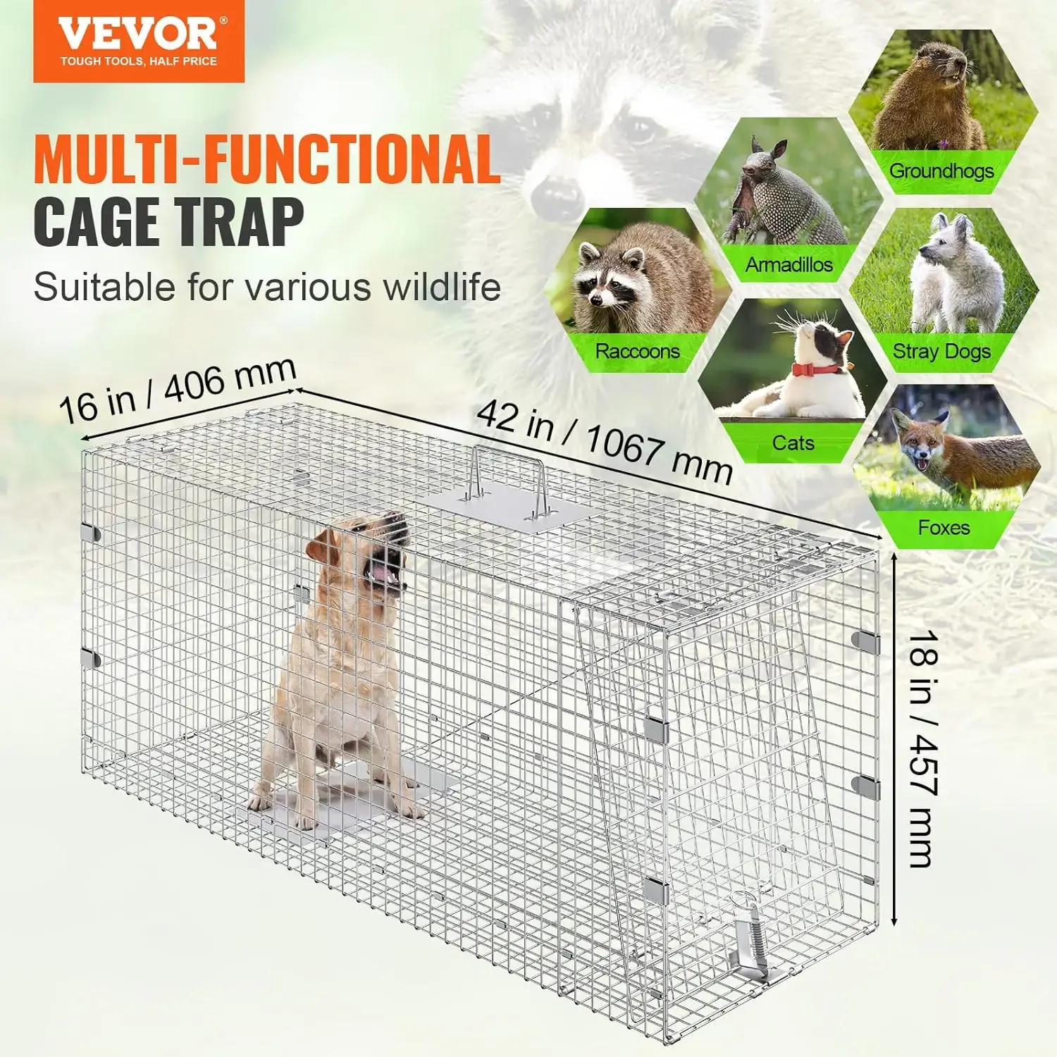 Live Animal Cage Trap, 42" x 16" x 18" Humane Cat Trap Galvanized Iron, Folding Animal Trap Cage