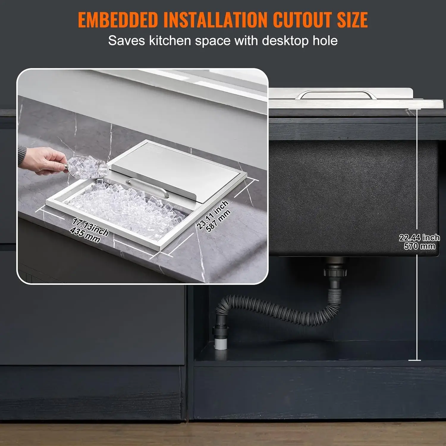 Drop in Ice Chest, 24"L x 18"W x 13"H Stainless Steel Ice Cooler, Commercial Ice Bin with Sliding Cover, 40.9 qt Outdoor Kitchen