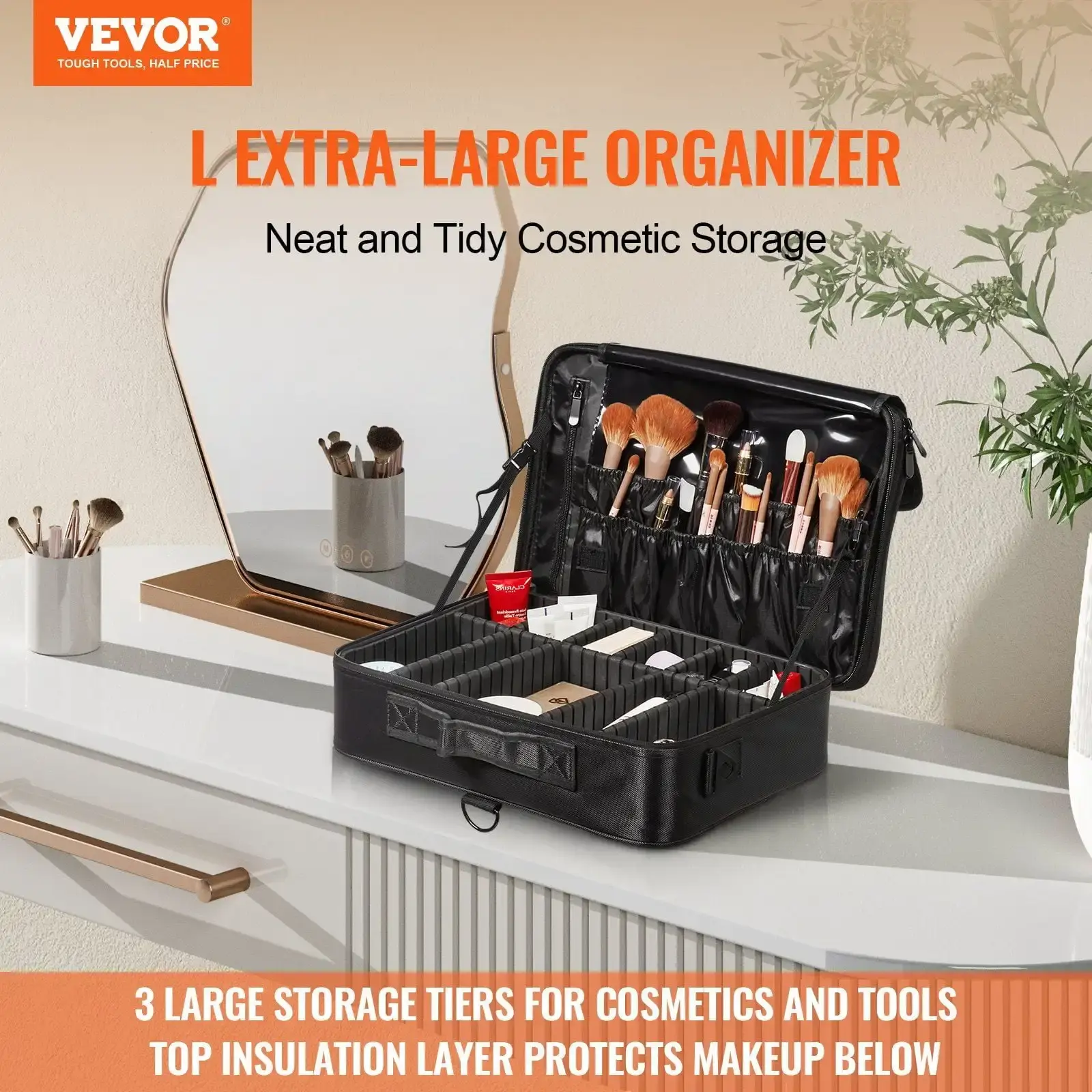 Makeup Train Case Large Storage 3 Tiers With Handle, Strap, Professional Waterproof Oxford Makeup Storage Organizer Box, Black