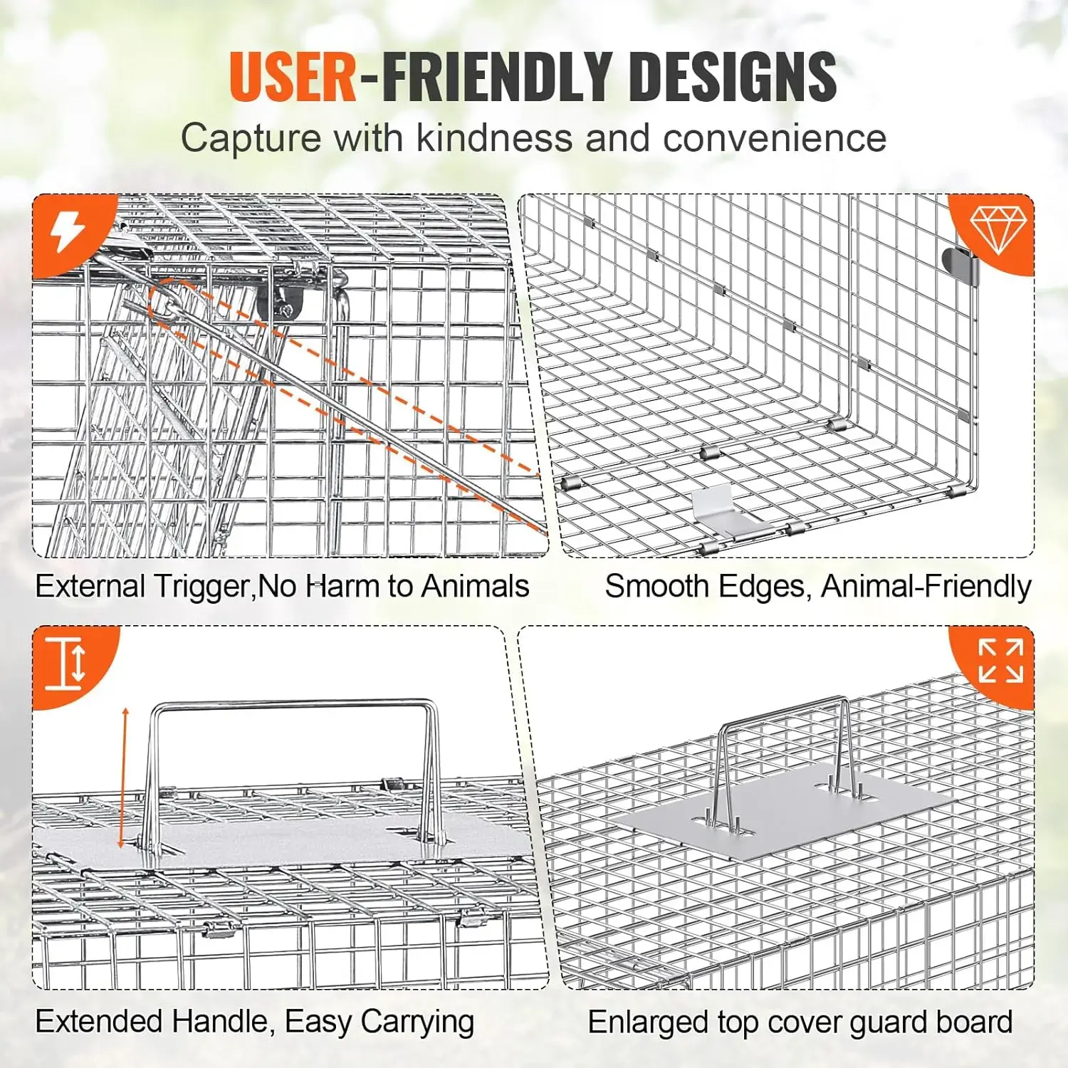 Live Animal Cage Trap, 42" x 16" x 18" Humane Cat Trap Galvanized Iron, Folding Animal Trap Cage