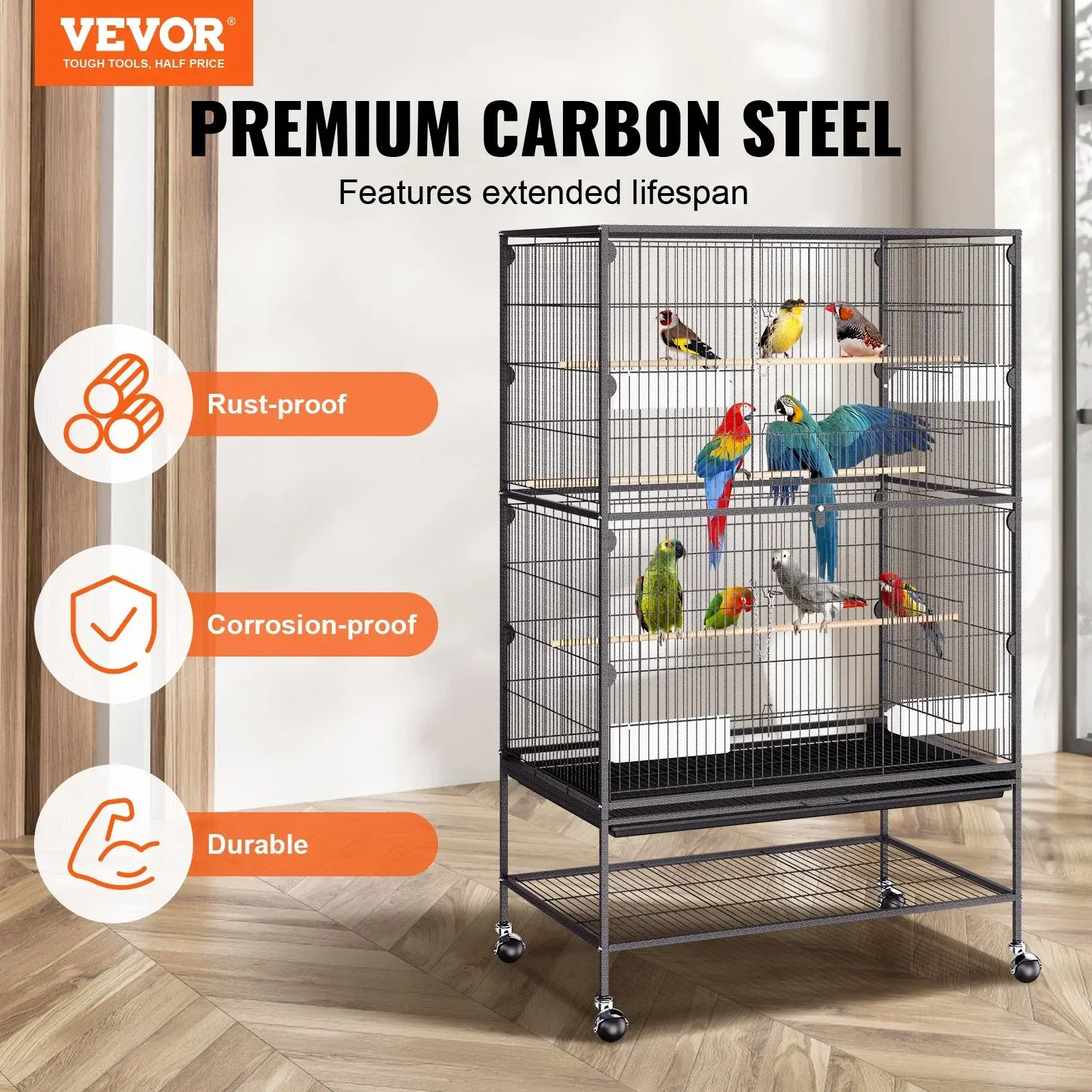 52 inch Standing Large Bird Cage, Wrought Iron Flight Bird Cage for Parakeets, Cockatiels, Parrots