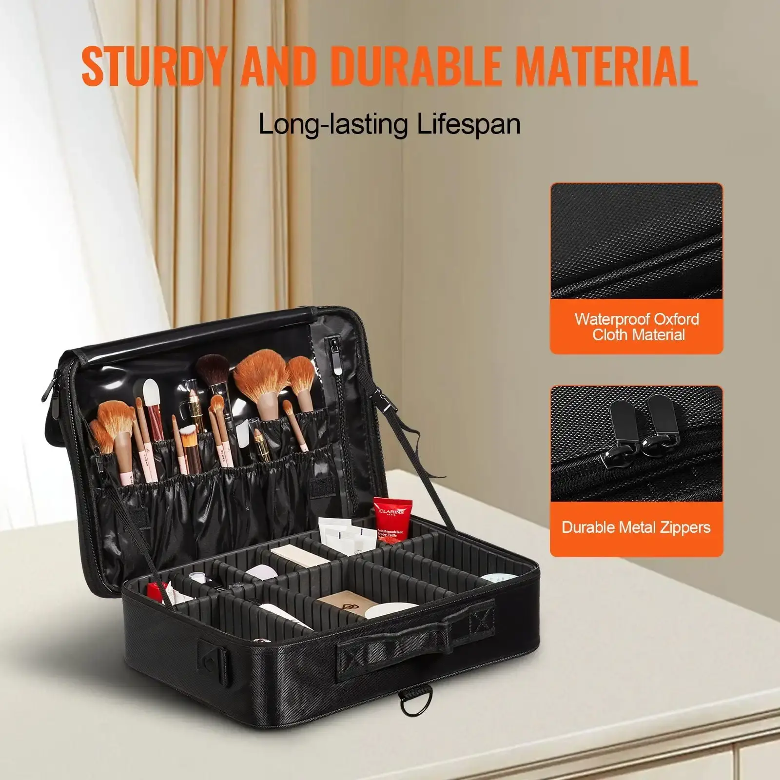 Makeup Train Case Large Storage 3 Tiers With Handle, Strap, Professional Waterproof Oxford Makeup Storage Organizer Box, Black