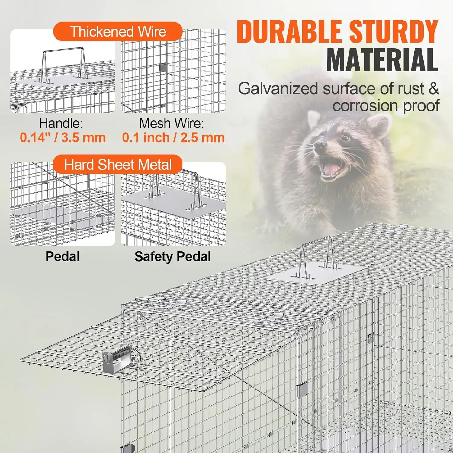 Live Animal Cage Trap, 42" x 16" x 18" Humane Cat Trap Galvanized Iron, Folding Animal Trap Cage