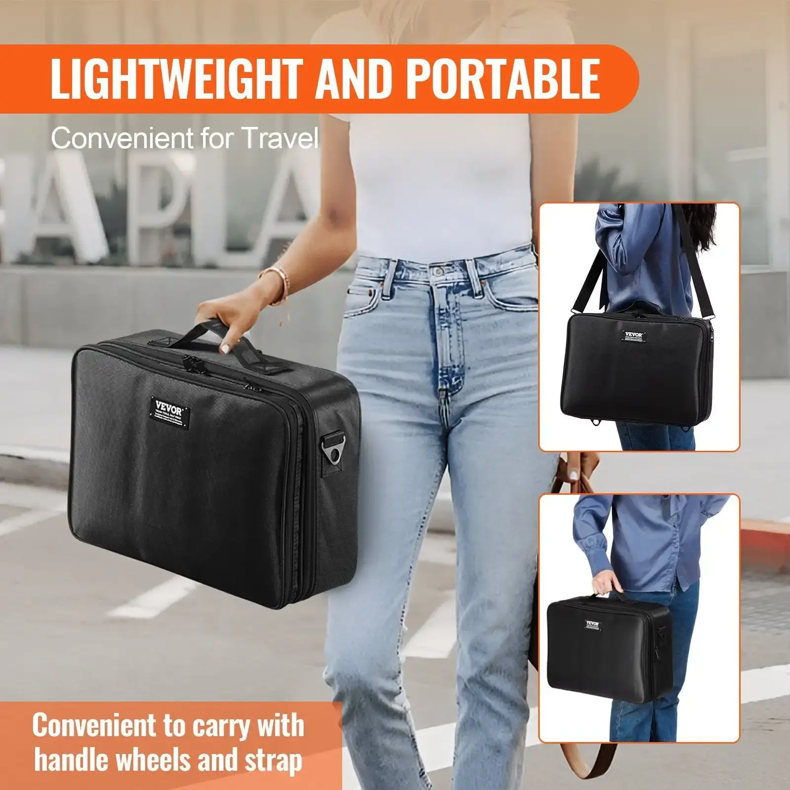 Makeup Train Case Large Storage 3 Tiers With Handle, Strap, Professional Waterproof Oxford Makeup Storage Organizer Box, Black