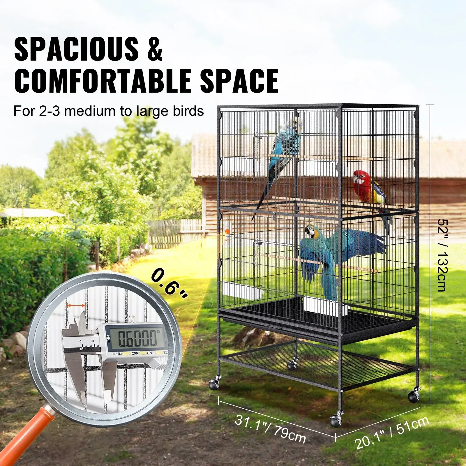 52 inch Standing Large Bird Cage, Wrought Iron Flight Bird Cage for Parakeets, Cockatiels, Parrots