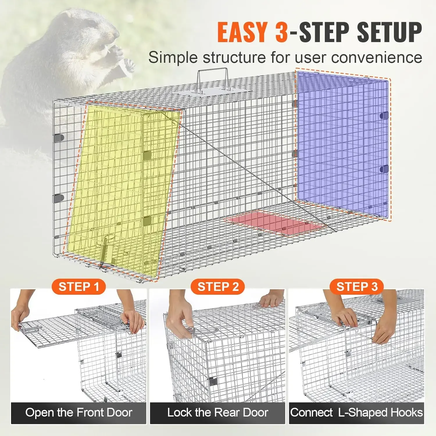Live Animal Cage Trap, 42" x 16" x 18" Humane Cat Trap Galvanized Iron, Folding Animal Trap Cage