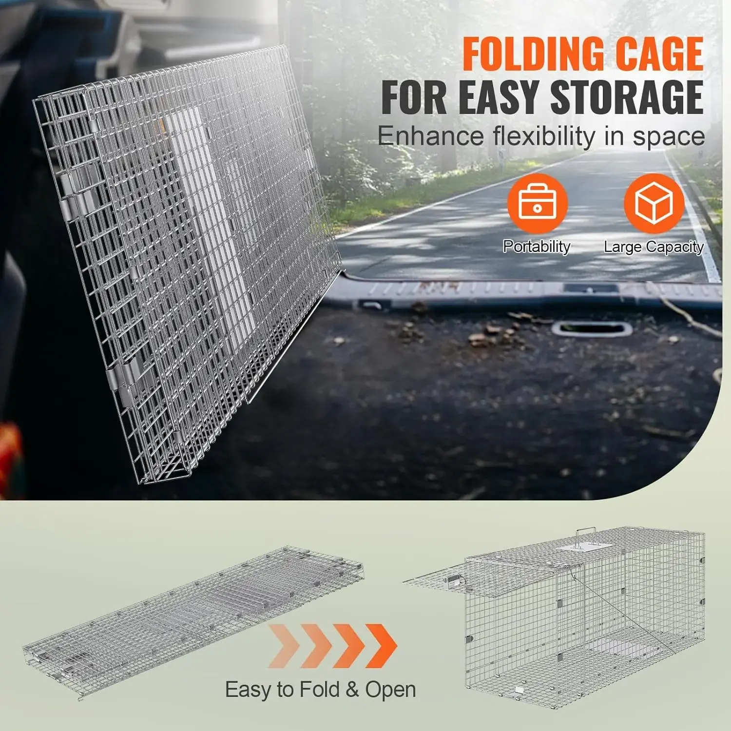 Live Animal Cage Trap, 42" x 16" x 18" Humane Cat Trap Galvanized Iron, Folding Animal Trap Cage