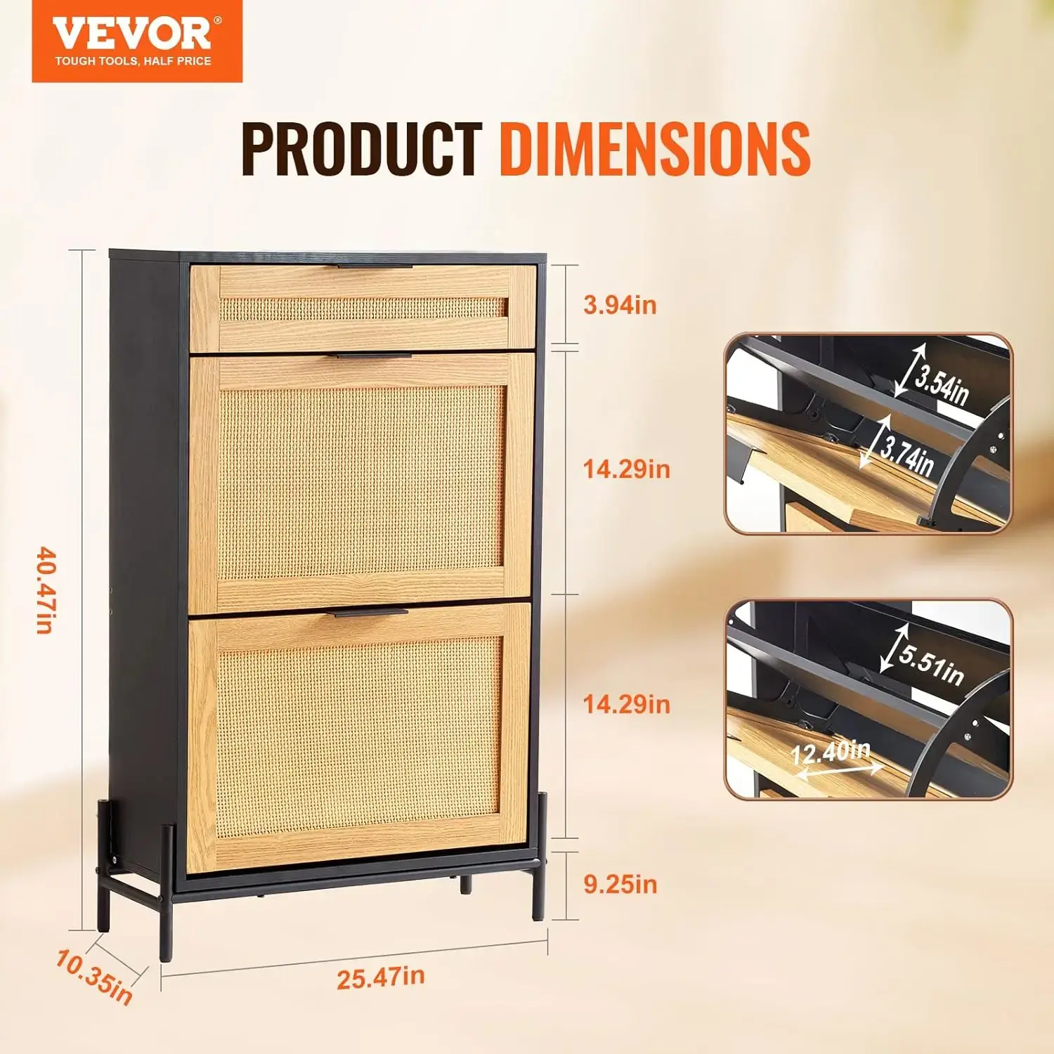 Rattan Shoe Cabinet, Narrow Shoe Storage Organizer with 2 Flip Rattan Drawers & 1 Slide Drawer, Metal Legs, Slim Shoe Entryway