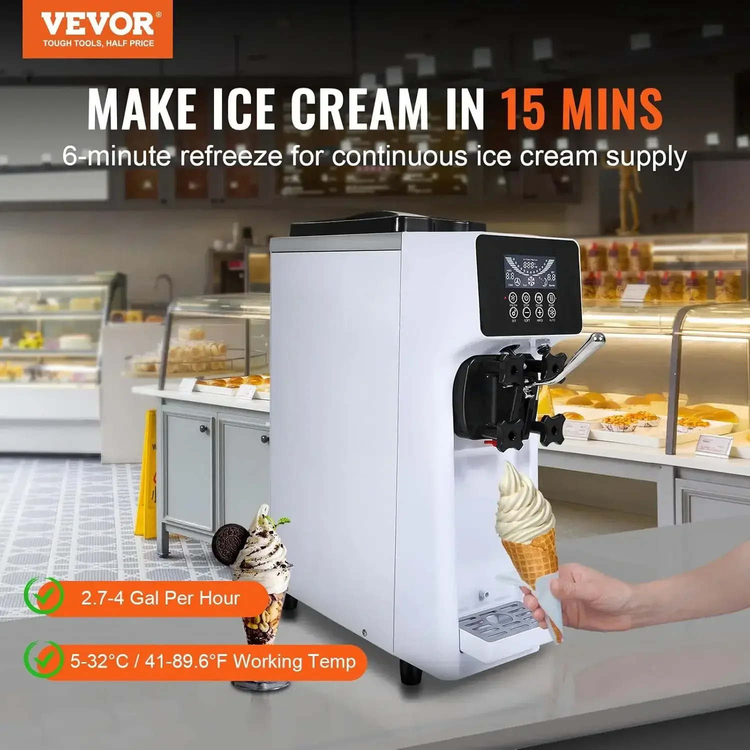 Commercial Ice Cream Machine, 10.6 QT/H Yield, 1000W Single Flavor Countertop Soft Serve Ice Cream Maker