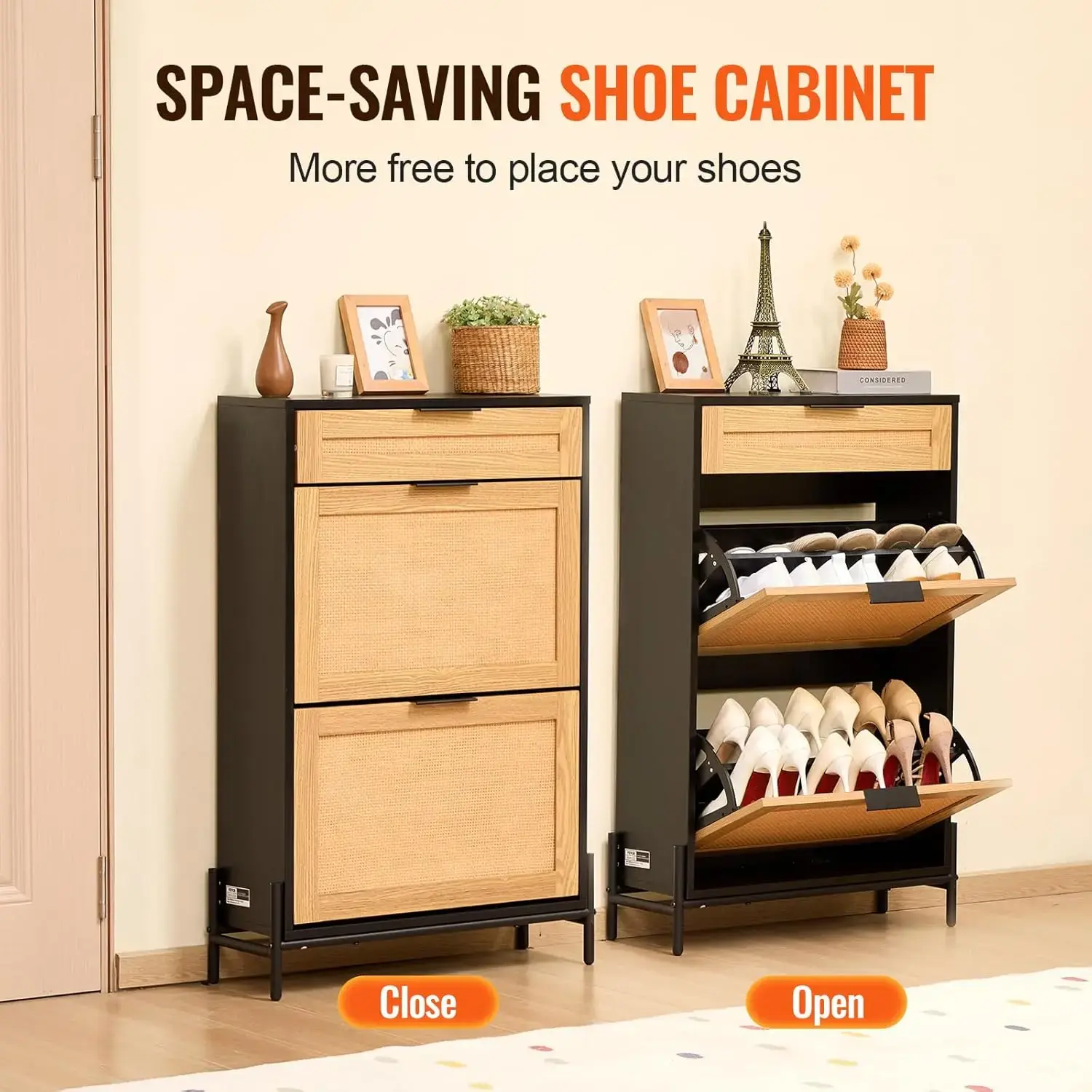 Rattan Shoe Cabinet, Narrow Shoe Storage Organizer with 2 Flip Rattan Drawers & 1 Slide Drawer, Metal Legs, Slim Shoe Entryway