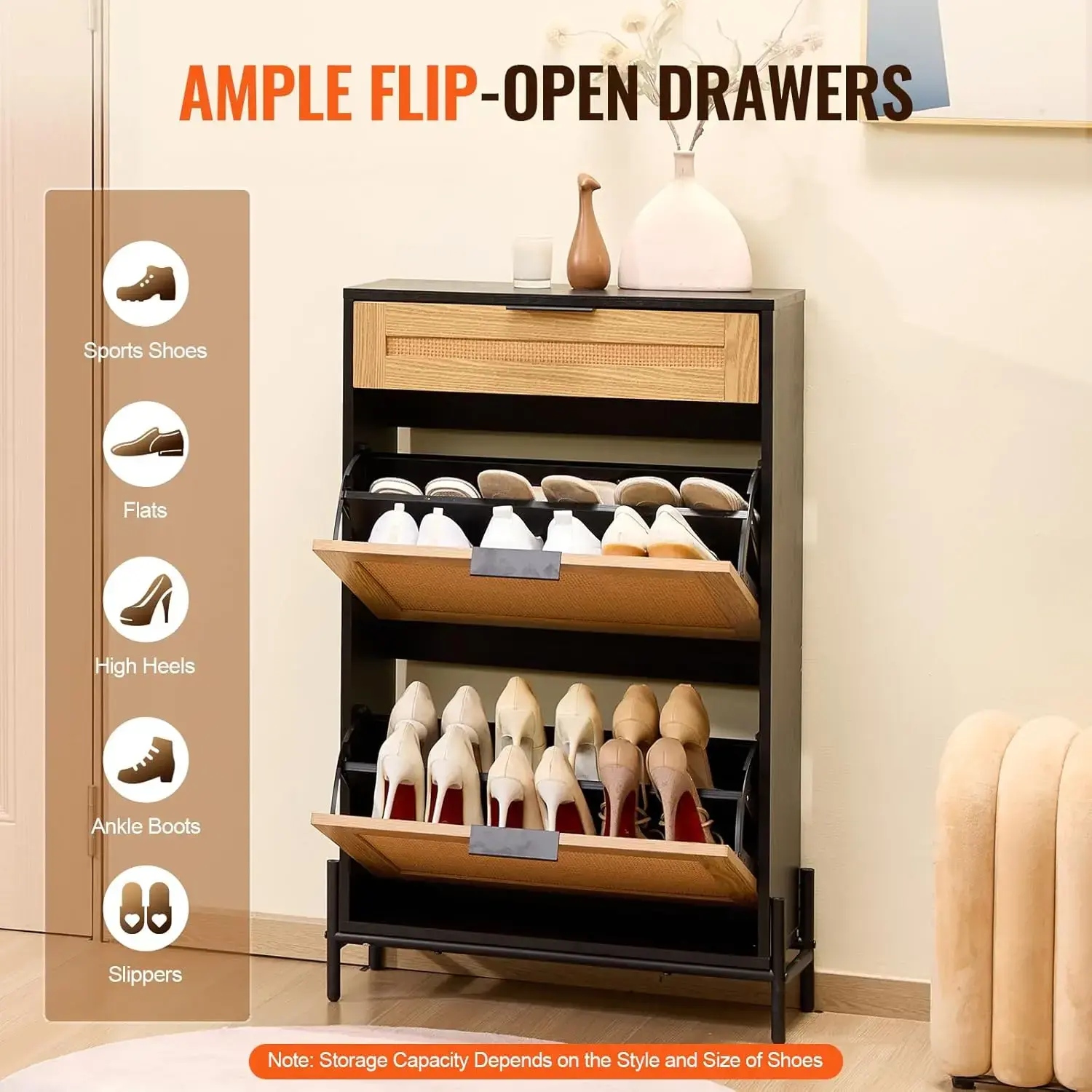 Rattan Shoe Cabinet, Narrow Shoe Storage Organizer with 2 Flip Rattan Drawers & 1 Slide Drawer, Metal Legs, Slim Shoe Entryway