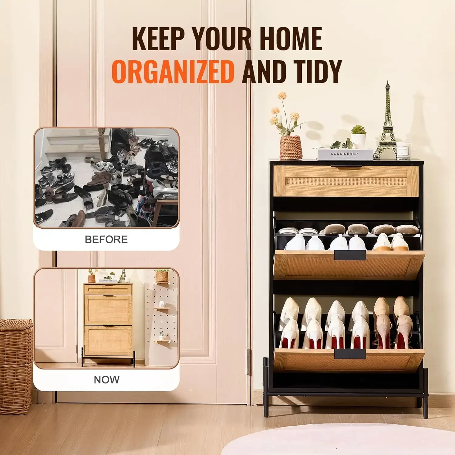 Rattan Shoe Cabinet, Narrow Shoe Storage Organizer with 2 Flip Rattan Drawers & 1 Slide Drawer, Metal Legs, Slim Shoe Entryway