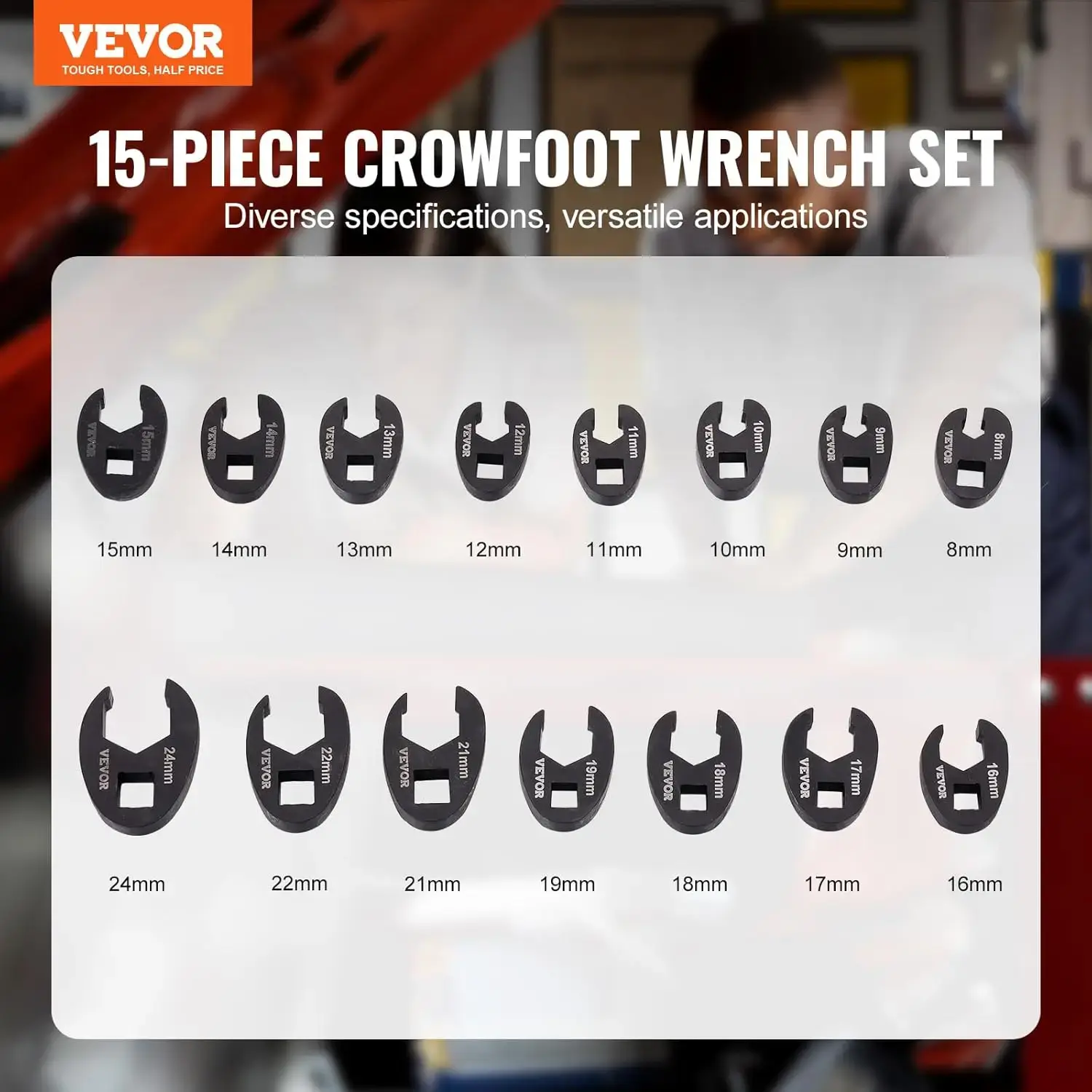 Crowfoot Wrench Set, 1/2" and 3/8" Drive 15-Piece Crows Foot Wrench Set with PP Storage Case
