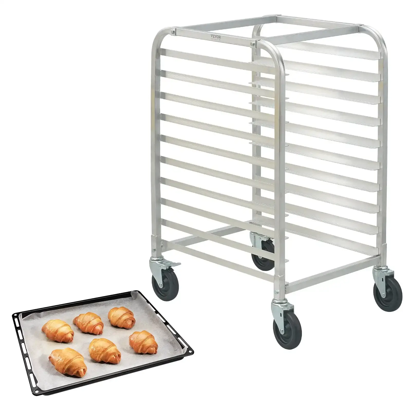 10-Tier Bun Pan Rack with Brake Wheels - Aluminum Bakery Storage Trolley for Half & Full Sheets, 26"x20.3"x39"