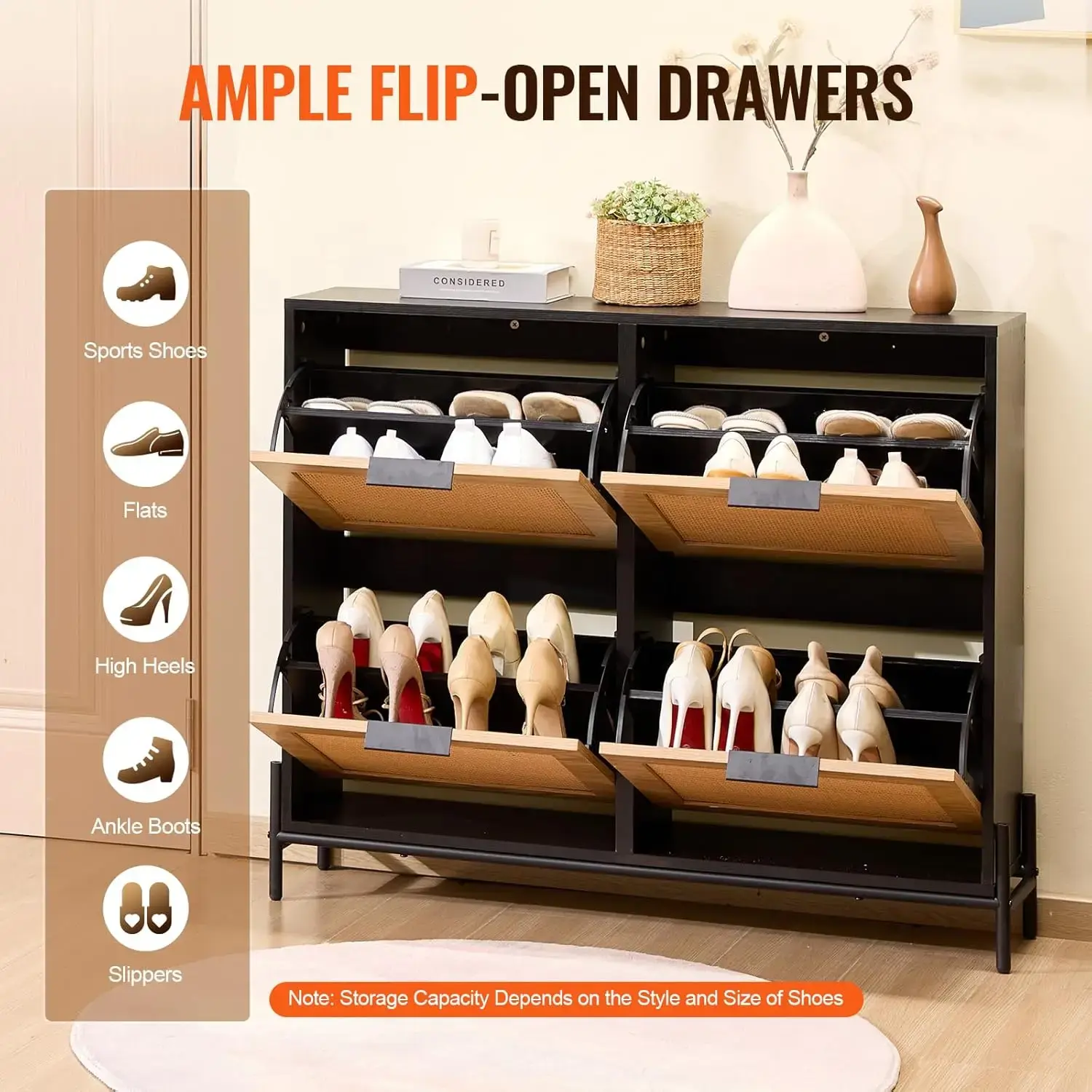 Rattan Shoe Cabinet, Narrow Shoe Storage Organizer with 4 Flip Drawers, Slim Shoe Entryway Storage Cabinet with Metal Legs