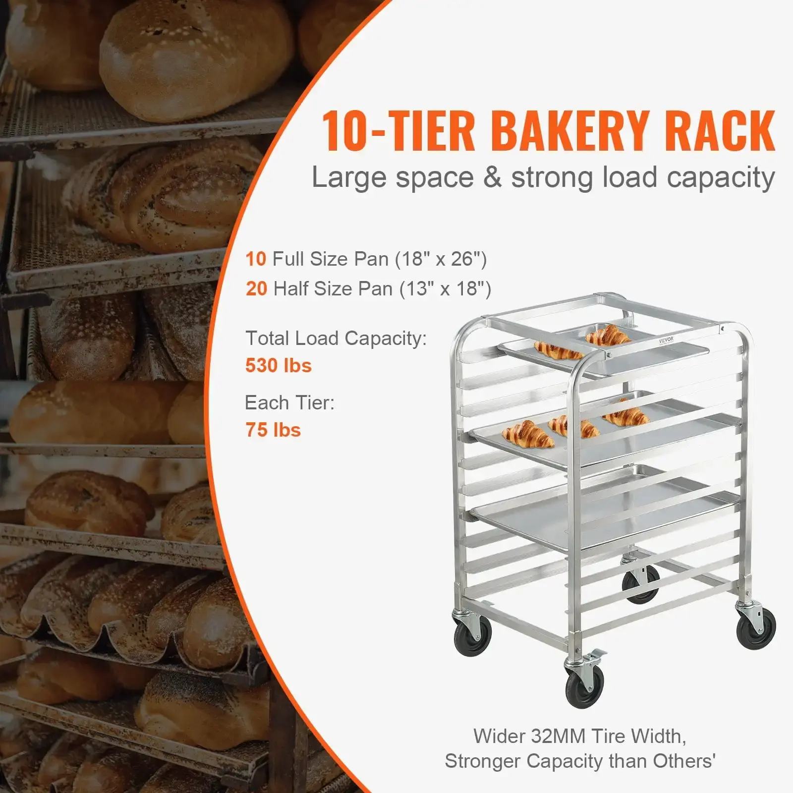 10-Tier Bun Pan Rack with Brake Wheels - Aluminum Bakery Storage Trolley for Half & Full Sheets, 26"x20.3"x39"