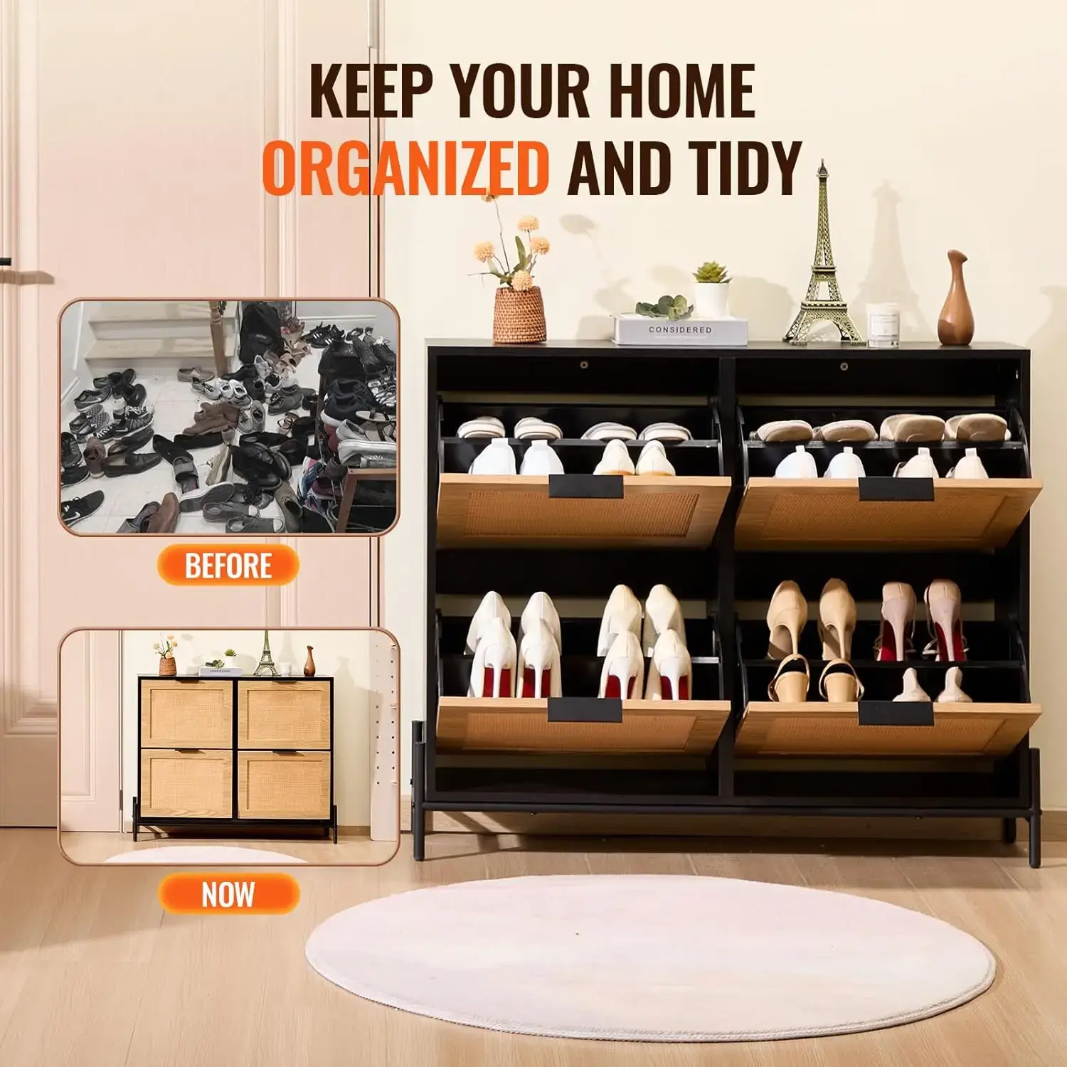 Rattan Shoe Cabinet, Narrow Shoe Storage Organizer with 4 Flip Drawers, Slim Shoe Entryway Storage Cabinet with Metal Legs