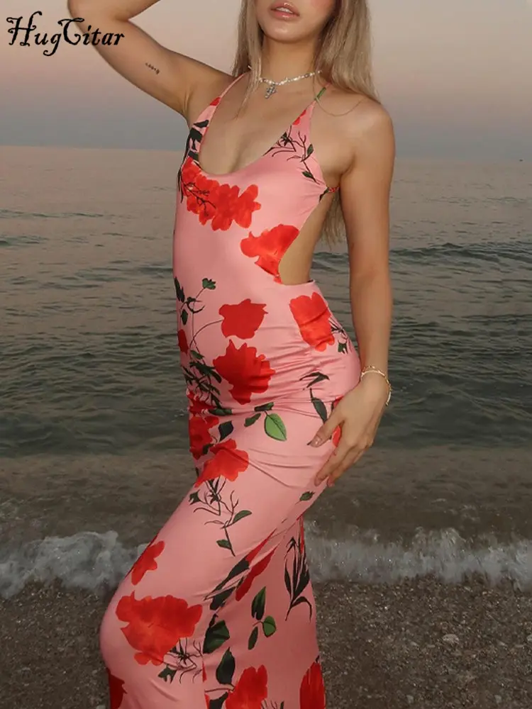 Hugcitar Elegant Floral Print Slips Backless Sexy Bodycon Maxi Dress 2024 Summer Women New Outfit Birthday Party Beach Festival