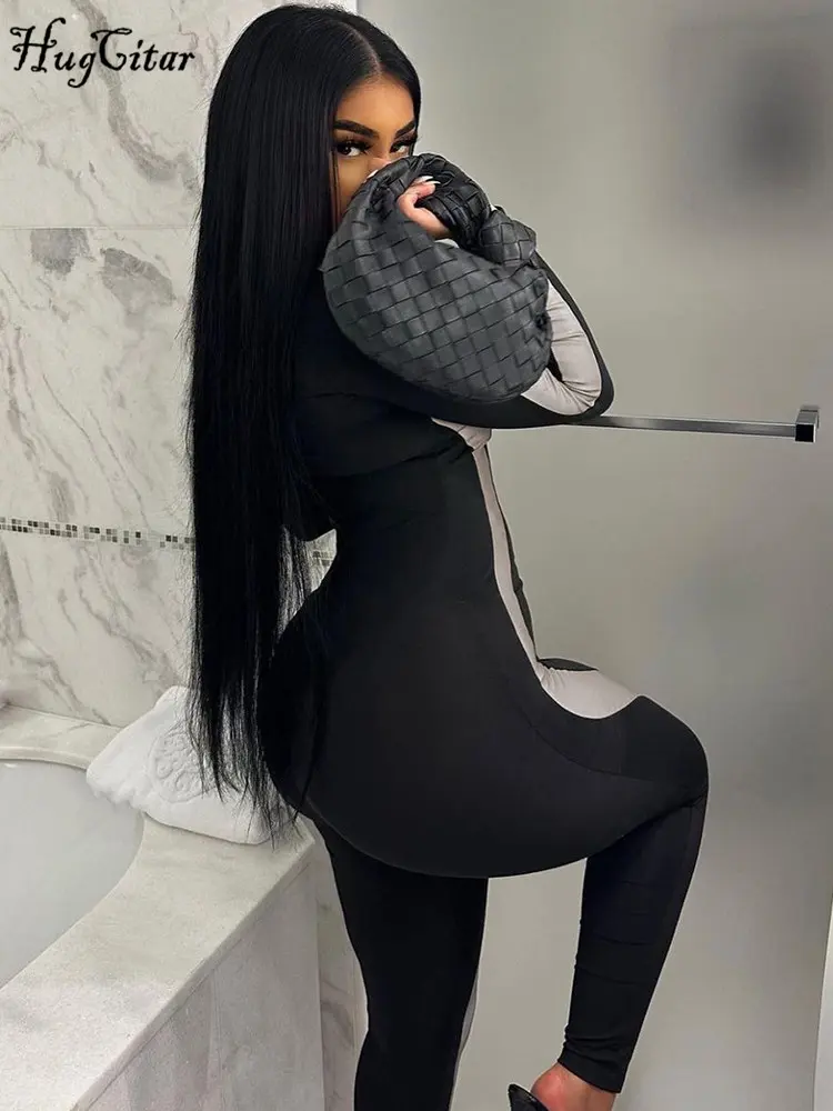 Hugcitar Striped Long Sleeve Zip Up Sexy Bodycon Skinny Jumpsuit 2023 Fall Winter Fashion Streetwear Sport Gym Romper Y2K