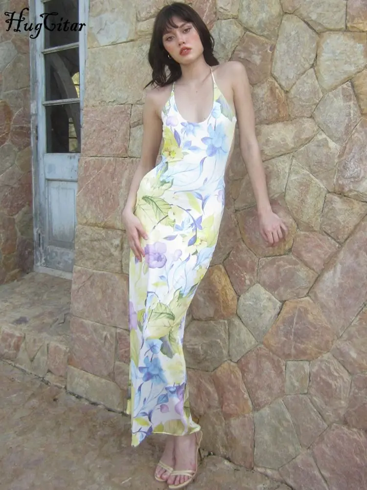 Hugcitar Elegant Floral Print Slips Backless Sexy Bodycon Maxi Dress 2024 Summer Women New Outfit Birthday Party Beach Festival