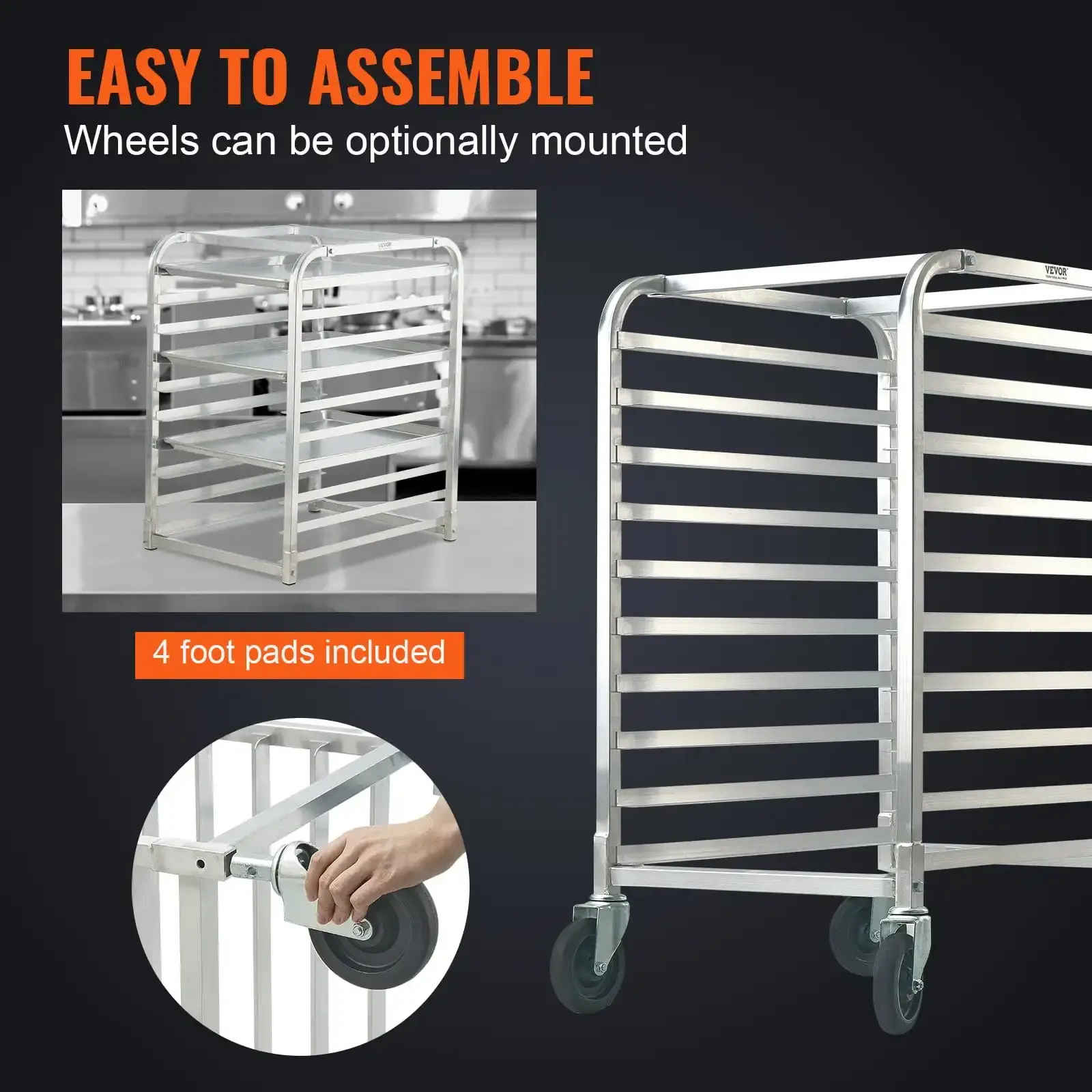 10-Tier Bun Pan Rack with Brake Wheels - Aluminum Bakery Storage Trolley for Half & Full Sheets, 26"x20.3"x39"