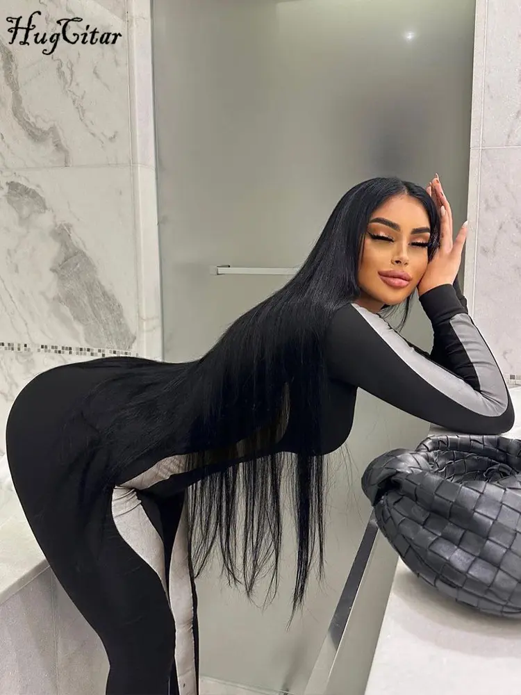 Hugcitar Striped Long Sleeve Zip Up Sexy Bodycon Skinny Jumpsuit 2023 Fall Winter Fashion Streetwear Sport Gym Romper Y2K