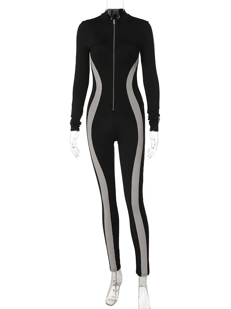 Hugcitar Striped Long Sleeve Zip Up Sexy Bodycon Skinny Jumpsuit 2023 Fall Winter Fashion Streetwear Sport Gym Romper Y2K