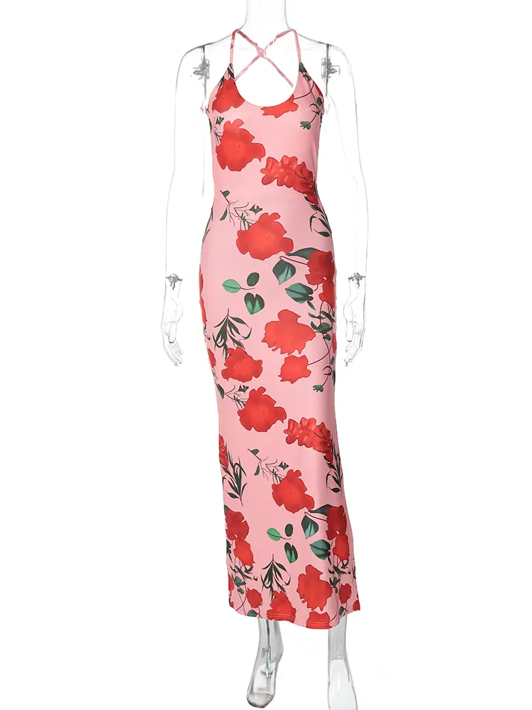 Hugcitar Elegant Floral Print Slips Backless Sexy Bodycon Maxi Dress 2024 Summer Women New Outfit Birthday Party Beach Festival