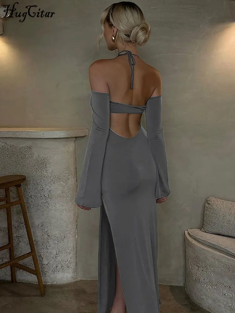 Hugcitar Halter Solid Long Sleeve Backless Lace Up Slit Sexy Slim Maxi Dress 2025 Spring Elegant Festival Party Club Clothes Y2K