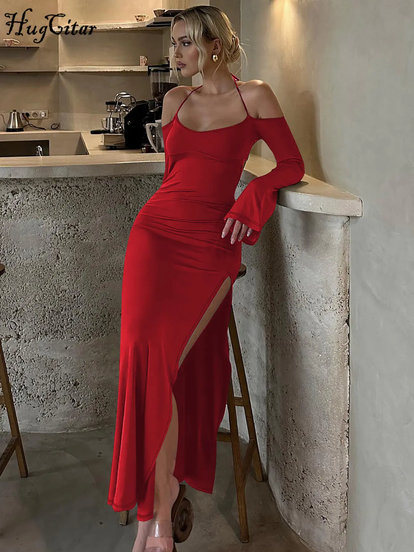 Hugcitar Halter Solid Long Sleeve Backless Lace Up Slit Sexy Slim Maxi Dress 2025 Spring Elegant Festival Party Club Clothes Y2K