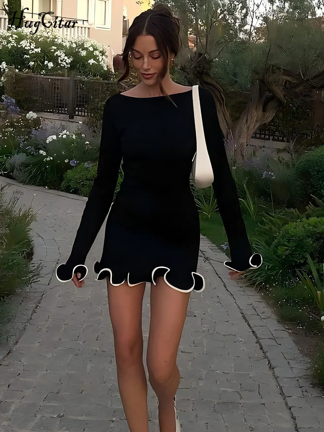 Hugcitar Autumn Elegant Solid Long Sleeve Irregular Ruffles Sexy Bodycon Mini Prom Dress Women Outfits Birthday Party Festival