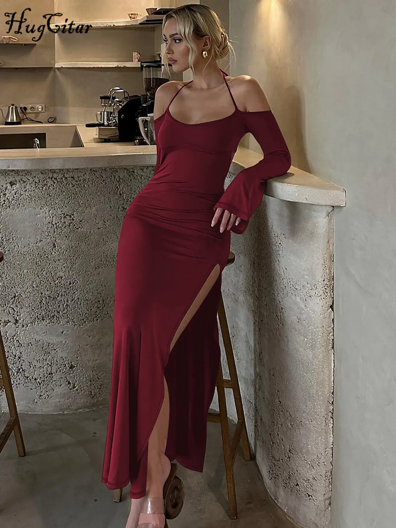 Hugcitar Halter Solid Long Sleeve Backless Lace Up Slit Sexy Slim Maxi Dress 2025 Spring Elegant Festival Party Club Clothes Y2K