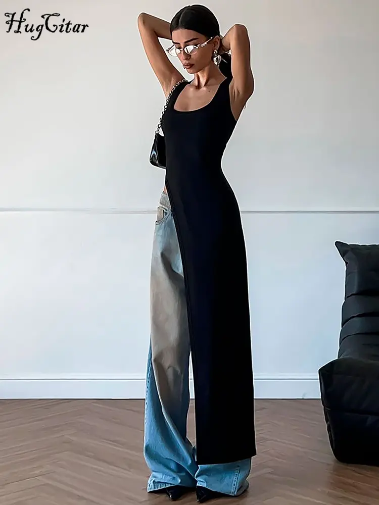 Hugcitar Summer Solid Square Collar Straps Backless Slit Irregular Sexy Bodycon Maxi Dress Women Fashion Outfits Vacation Club