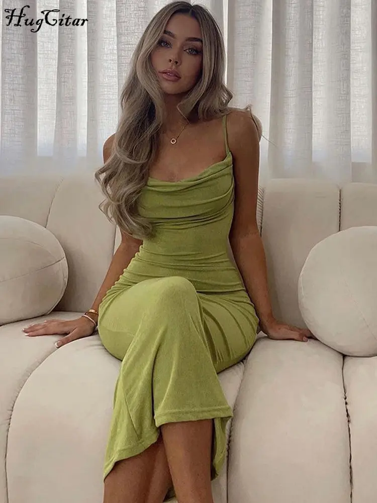 Hugcitar Solid Square Neck Sleeveless Backless Pleated Maxi Dress Sexy Bodycon 2022 Summer Fashion Evening Party Club Outfits