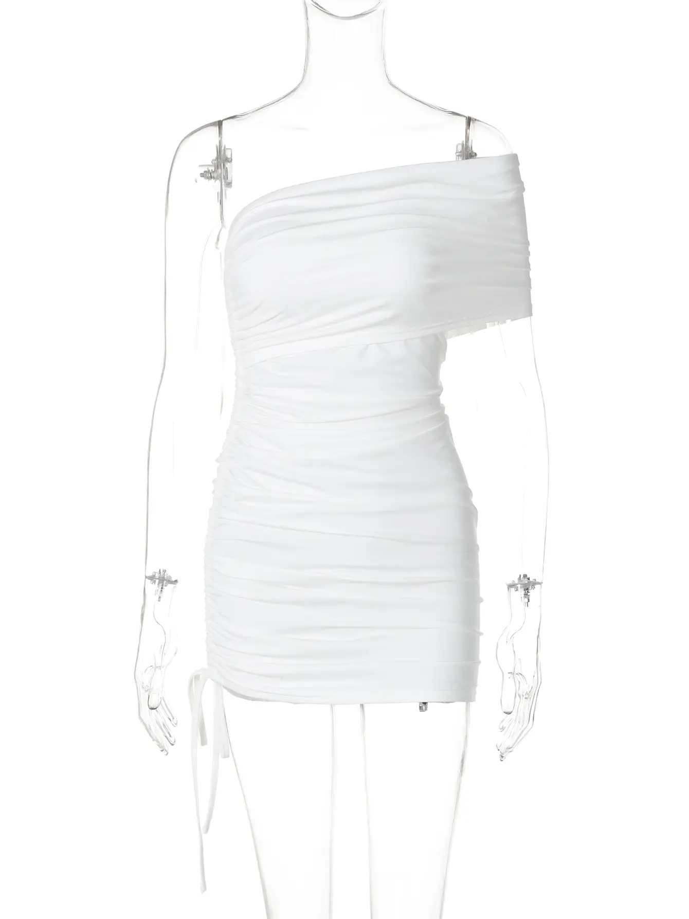 Hugcitar Elegant Solid Skew Collar Short Sleeve Asymmetric Shirring Bandage Sexy Mini Dress Summer Women Clothes Party Vacation
