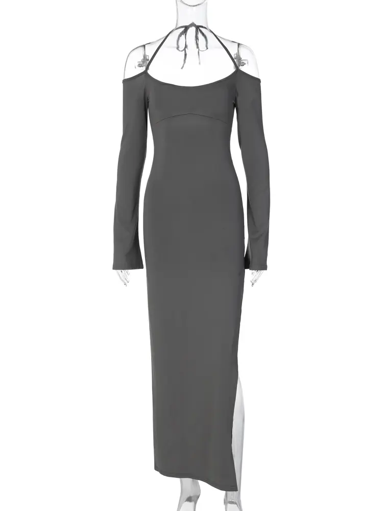 Hugcitar Halter Solid Long Sleeve Backless Lace Up Slit Sexy Slim Maxi Dress 2025 Spring Elegant Festival Party Club Clothes Y2K