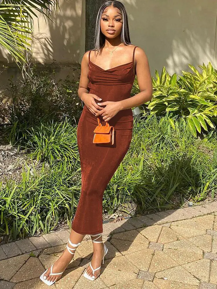 Hugcitar Solid Square Neck Sleeveless Backless Pleated Maxi Dress Sexy Bodycon 2022 Summer Fashion Evening Party Club Outfits