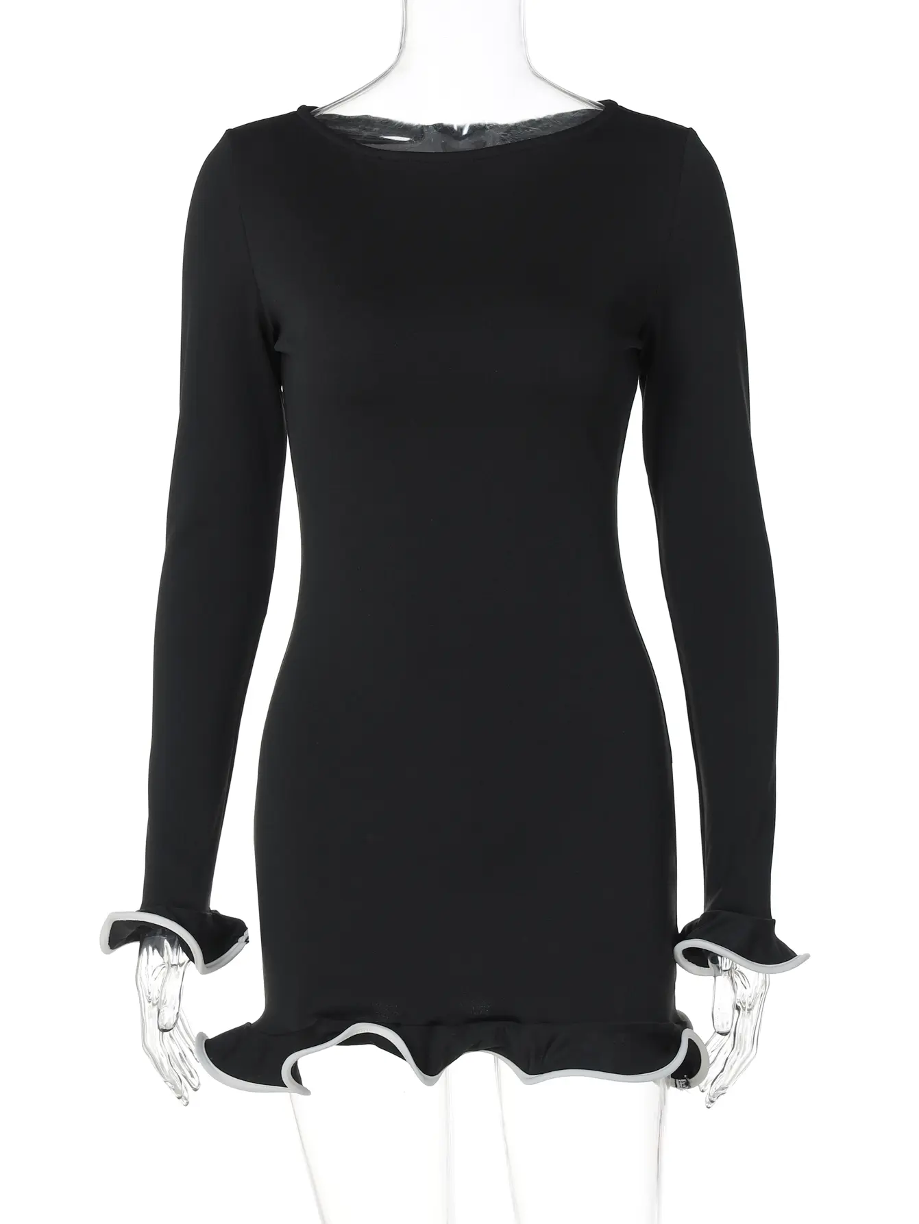 Hugcitar Autumn Elegant Solid Long Sleeve Irregular Ruffles Sexy Bodycon Mini Prom Dress Women Outfits Birthday Party Festival