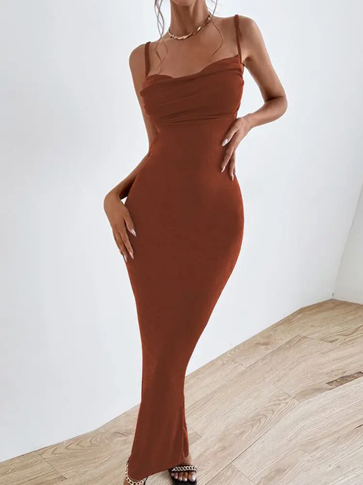 Hugcitar Solid Square Neck Sleeveless Backless Pleated Maxi Dress Sexy Bodycon 2022 Summer Fashion Evening Party Club Outfits