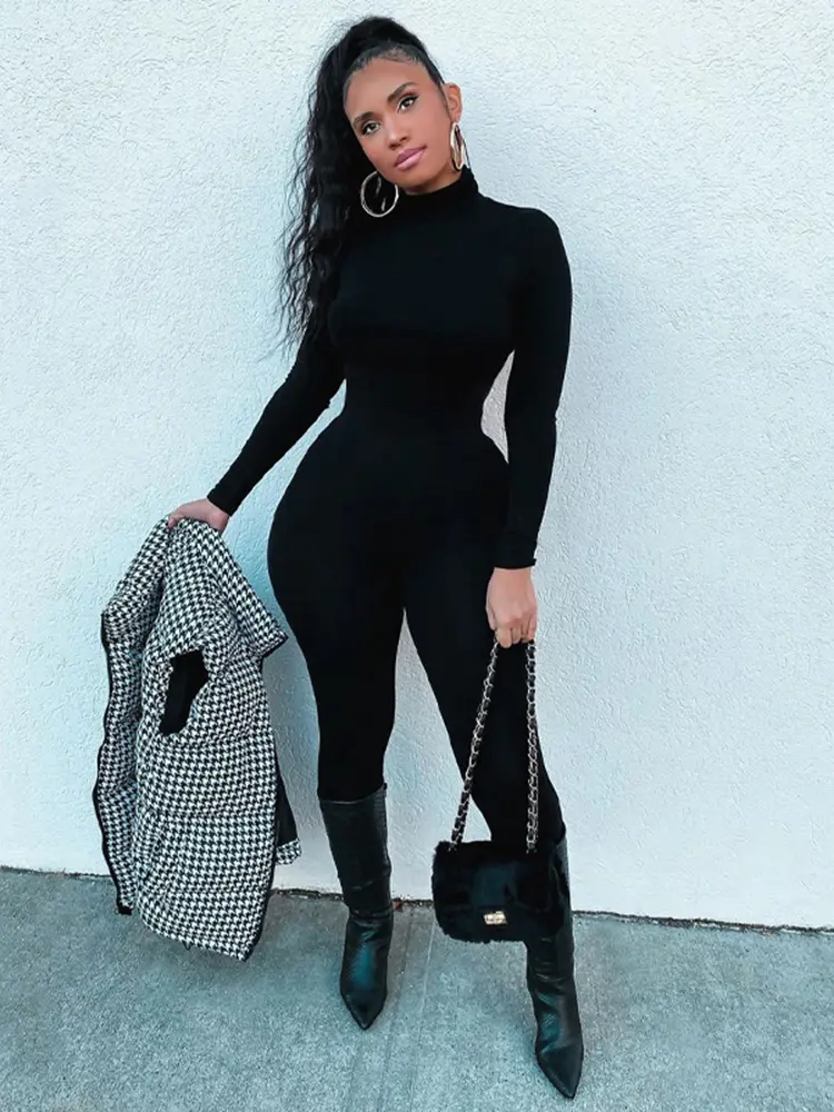 Hugcitar 2024 Fall Long Sleeve Solid Turtleneck Sexy Skinny Bodycon Jumpsuit Women Fashion Streetwear Casual Romper Overalls