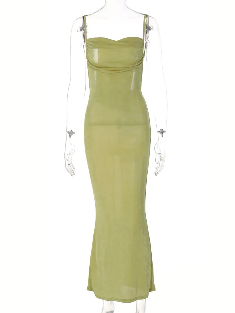 Hugcitar Solid Square Neck Sleeveless Backless Pleated Maxi Dress Sexy Bodycon 2022 Summer Fashion Evening Party Club Outfits