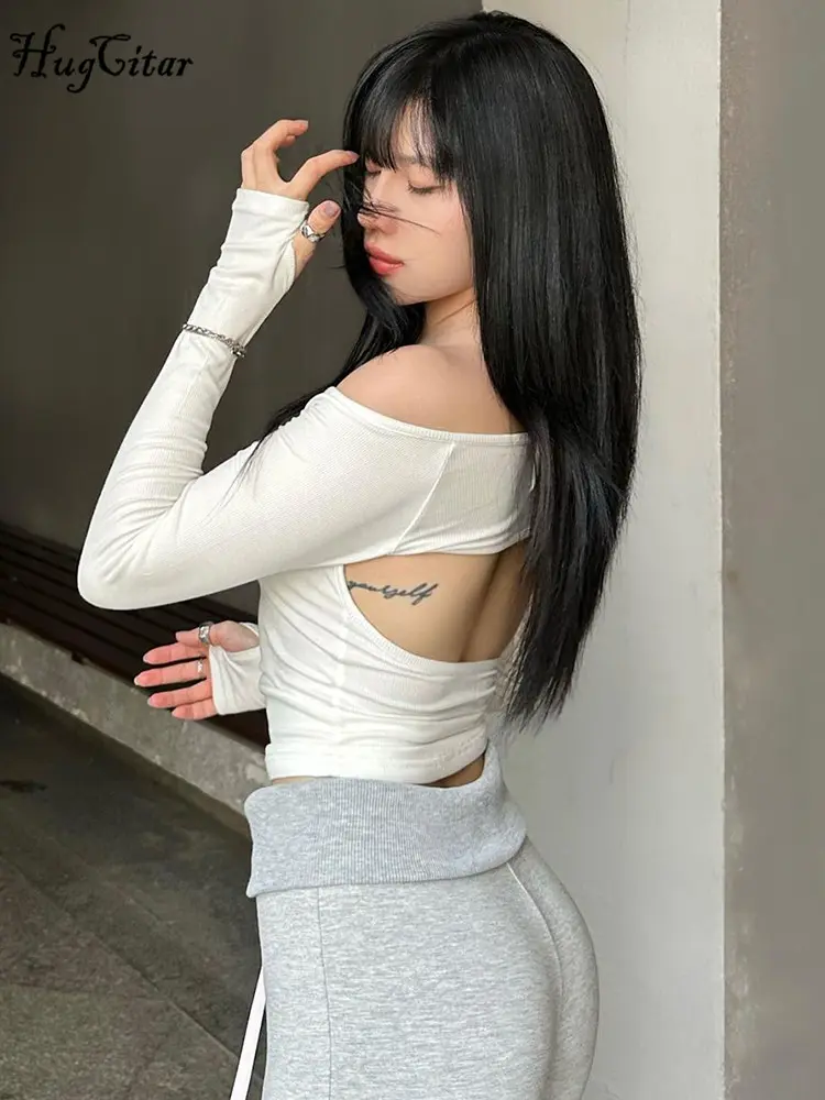 Hugcitar 2024 Solid Slash Neck Long Sleeve Sequined Bowknot Backless Sexy Crop Top T Shirt Spring Women Kawaii Party Outfit