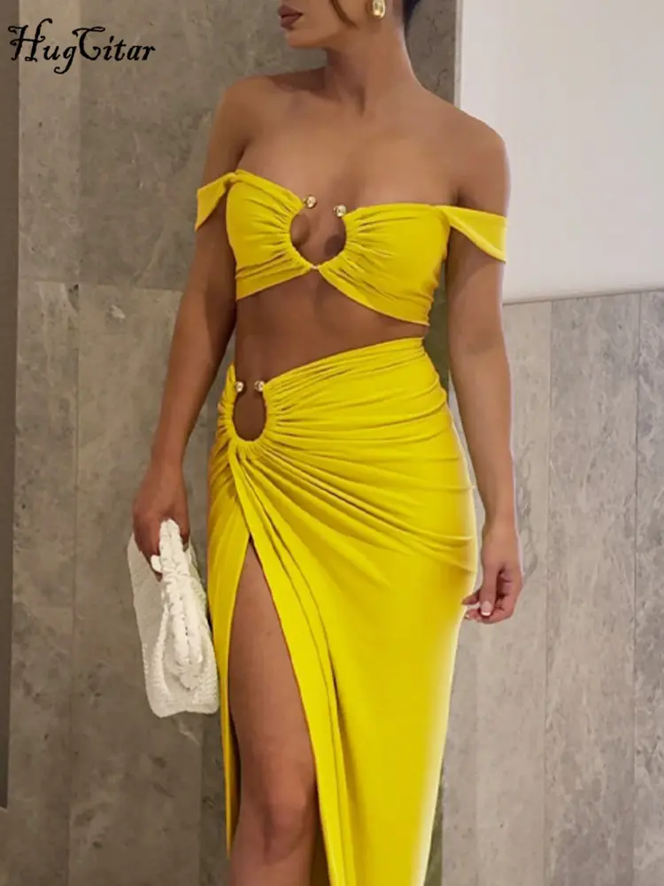 Hugcitar Straps Square Collar Draped Loops Crop Tank Top Sexy Slit Maxi Skirt 2 Piece Sets Spring New Festival Vacation Outfit