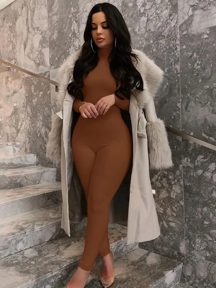 Hugcitar 2024 Fall Long Sleeve Solid Turtleneck Sexy Skinny Bodycon Jumpsuit Women Fashion Streetwear Casual Romper Overalls