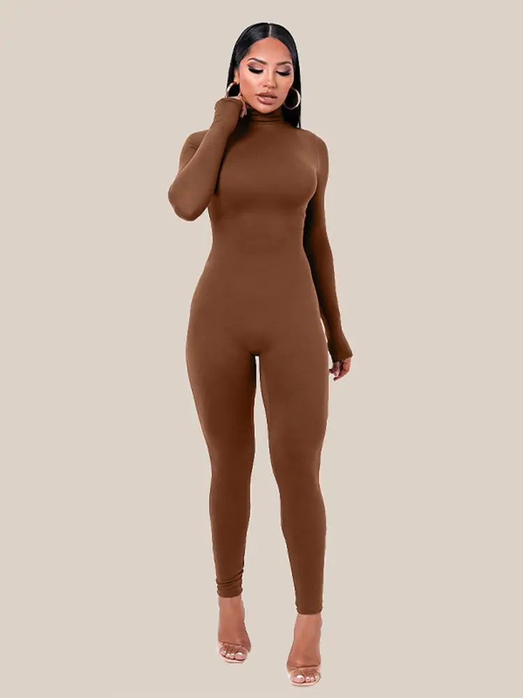 Hugcitar 2024 Fall Long Sleeve Solid Turtleneck Sexy Skinny Bodycon Jumpsuit Women Fashion Streetwear Casual Romper Overalls